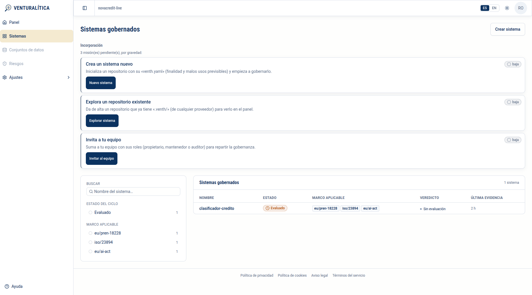 Lista de Sistemas gobernados del portal de NovaCredit con el sistema clasificador-credito en estado «Evaluado» y los marcos aplicables eu/pren-18228, iso/23894 y eu/ai-act.